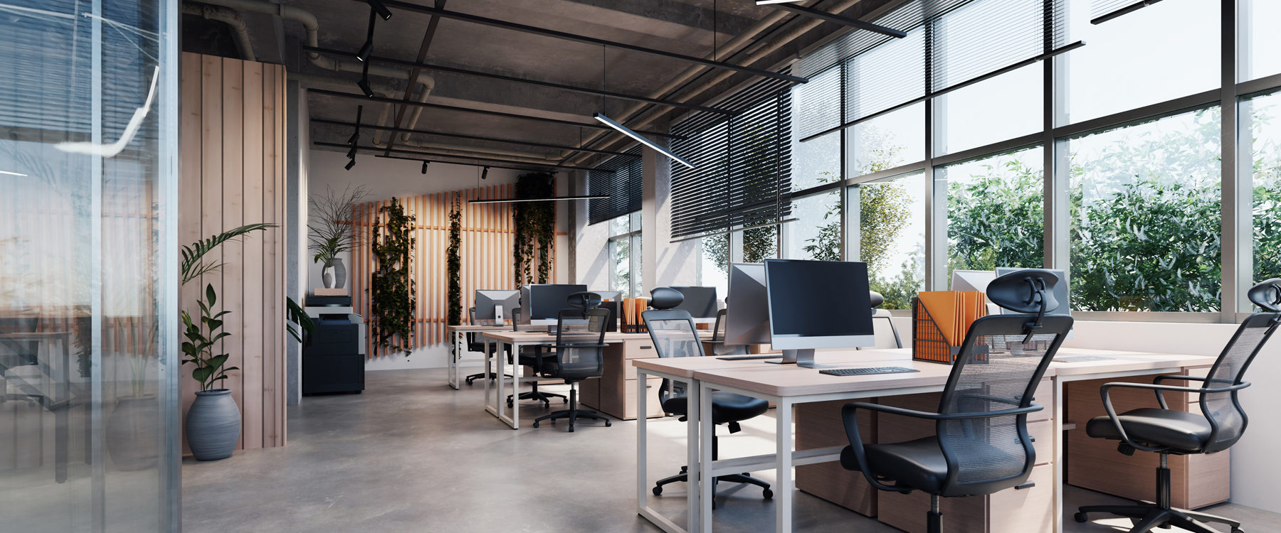 office interior with multiple rows of desks