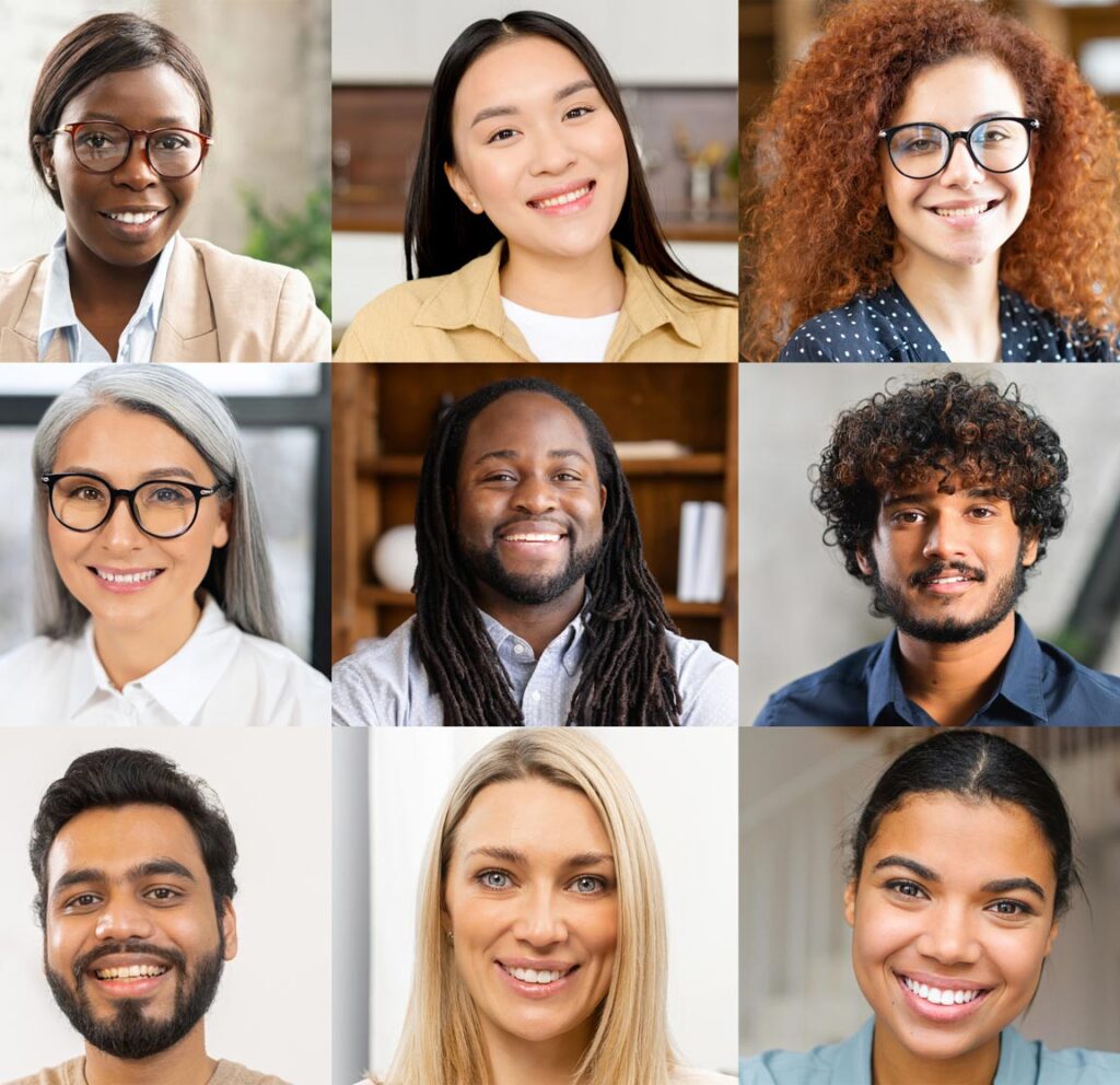 a series of 9 people's faces set in a grid